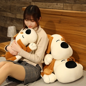 Detailed plush dog toy shell showing soft texture and cozy bedroom scene setup
