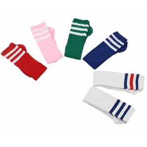 Flat lay of colorful striped cotton knee-high socks in a semi-circle arrangement