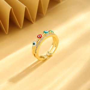 Evil Eye Open Adjustable Ring Copper Gold Plated With Colorful Enamel And Micro Pave Zircon Fashion Hip Hop Jewelry For Women