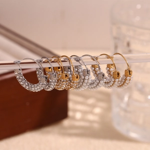 Fashionable 18K gold plated stainless steel hoop earrings with pearls and white crystals