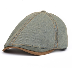 Klassische blaue Denim-Baskenmütze mit brauner Wildlederkrempe und Kontrastnähten für Damen