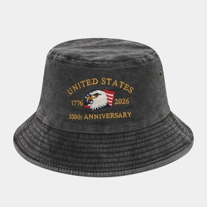 Detail of US Marine Corps 250th anniversary embroidery on washed cotton bucket hat