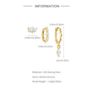Detailed size specifications for gold S925 silver earring set with AAAAA cubic zirconia