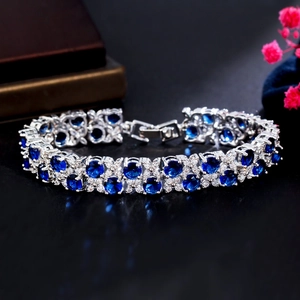 Exquisite Zirconia Brass Bracelet For Women Luxury Micro Pave Sapphire Sparkling Geometric Jewelry Gift For Anniversary