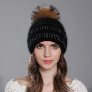 Bonnet En Tricot D'hiver Pour Femmes Avec Pompon Amovible En Fourrure De Raton Laveur Véritable Angora Cachemire Chaud