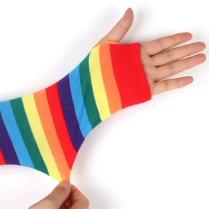 Detail showing the high elasticity and stretch of the rainbow striped knit arm sleeves