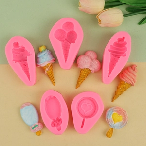 Detailed view of pink silicone molds for DIY ice cream cones and chocolate fondant shapes