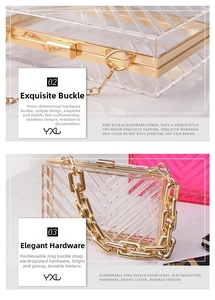 Detail of transparent acrylic evening bag with geometric texture and gold metal chain