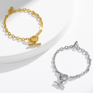 Minimalist chain bracelets with butterfly charm and toggle clasp in gold and silver