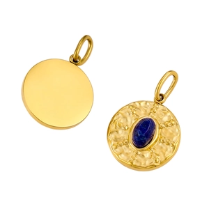 Detail of round gold pendants featuring oval blue lapis stones and brushed metal back