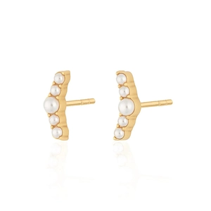 Detailed view of curved S925 silver earrings with gradient white pearls and gold base