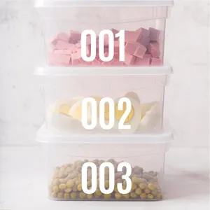 Detail showing self-adhesive waterproof number stickers 001 to 003 on food storage boxes