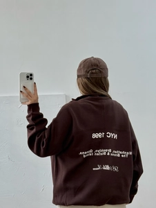Brown half-zip sweatshirt with NYC 1998 back print and loose fit long sleeves