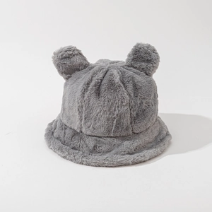 Detailed close-up of grey plush bear ear bucket hat with soft faux fur texture