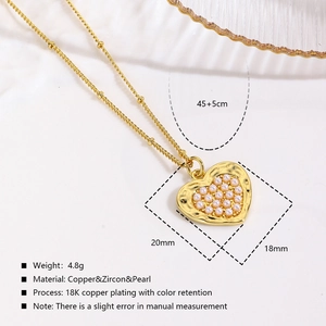 Detail view of 18K gold plated heart pendant with pearls and dimensions specifications