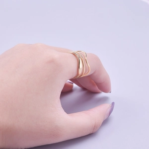Minimalist gold wavy layered adjustable open ring made of polished titanium steel for women