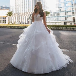 Elegant White Wedding Dress Deep V Neck Sleeveless Lace Embroidery Multi Layer Tulle Ball Gown Long Bridal Gown For Women