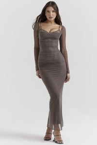 Close-up of slim-fit backless mesh gown with lace neckline in dark grey fabric