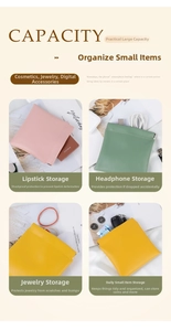 Multipurpose PU leather pouch showing storage for lipstick, earbuds, and jewelry