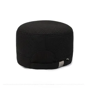 Rear view of black flat top military cap showing textured fabric and adjustable metal buckle