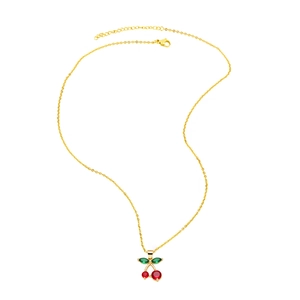Gold cherry pendant necklace featuring red and green crystal stones on white background