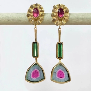Elegant gold flower earrings with watermelon tourmaline and green gemstone drops