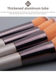 Macro shot of thickened aluminum tubes and premium synthetic bristles on makeup brushes