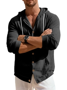 Detail of black cotton linen hooded shirt featuring natural texture and wooden buttons