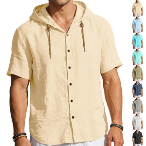 Camicia Con Cappuccio Da Uomo Lino Cotone Manica Corta Abbottonata Traspirante Casual Estate Spiaggia Vacanze Leggero
