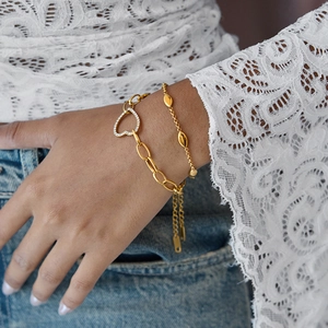 Elegant 18K gold-plated stainless steel layered bracelets with heart and marquise charms
