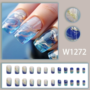 Blue gradient press-on nails with gold foil accents and shimmer texture 24pcs set