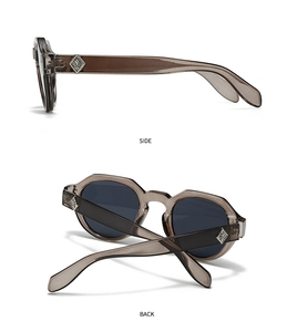 Detaillierte Seiten- und Rückansicht der grauen Polygon-Sonnenbrille mit Löwenkopf