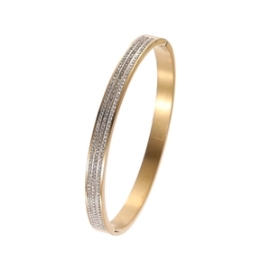 Elegant gold titanium steel bracelet featuring triple-row crystal inlays for women
