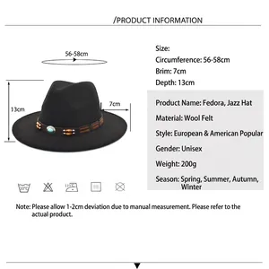 Classic black wool fedora hat with turquoise leather belt and sizing measurements