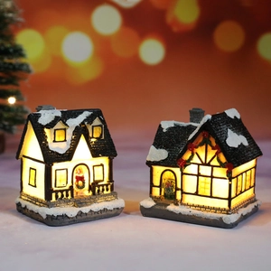 Luminous Christmas miniature resin house decor with warm LED light and snow details