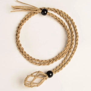 Handmade woven cord necklace with adjustable crystal stone pouch and black beads