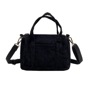Retro black corduroy Boston handbag with adjustable shoulder strap for women