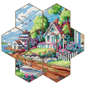 DIY diamond painting coaster set with hexagonal wooden landscape puzzles for home decor