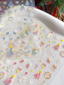 Detail of Christmas nail art stickers with laser snowflake and tree patterns