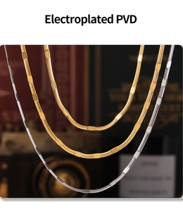 Macro detail of PVD electroplated gold and silver blade chains with metallic texture
