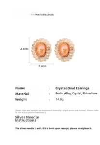 Detailed size specifications for pink oval crystal flower earrings with silver needles