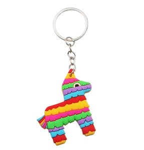 Macro detail of a colorful PVC Piñata keychain with a secure silver metal ring