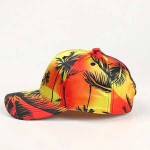 Detail of tropical sunset gradient baseball cap with black coconut tree silhouette prints