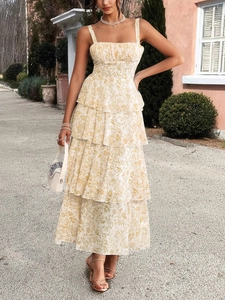 Floral print chiffon midi dress with tiered ruffle hem and square neck for women