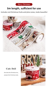 Five-meter Christmas ribbons with snowman and tree patterns in red, grey and beige colors