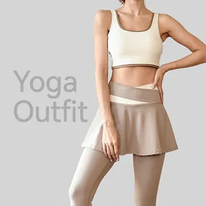 Women's High Elasticity Breathable Yoga Top And Bottom Set Sleeveless Sports Bra And Skort Leggings For Fitness Running