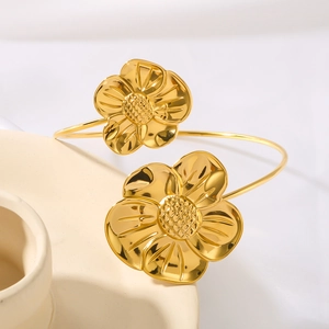 18k gold plated stainless steel sunflower open bangle with dual floral motif display
