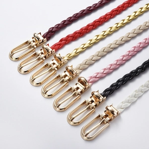 Women Vintage Braided PU Leather Thin Belt With Gold Metal Pin Buckle For Dress Sweater Decorative Waist Strap Fashion Accessories