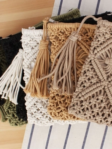 Handmade macrame woven clutch bags with fringe tassels in five colors for summer beach holidays
