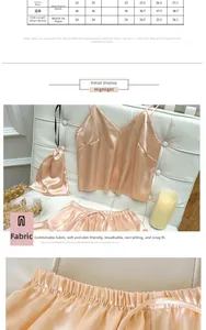 Détails de l'ensemble de pyjama en soie rose-orange avec tableau des tailles et satin fini